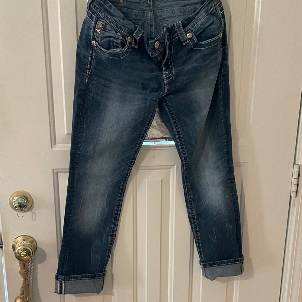 Miss Me Dark Blue Denim Jeans with Cream Stitching cropped or straight 27 in ins - Picture 10 of 10